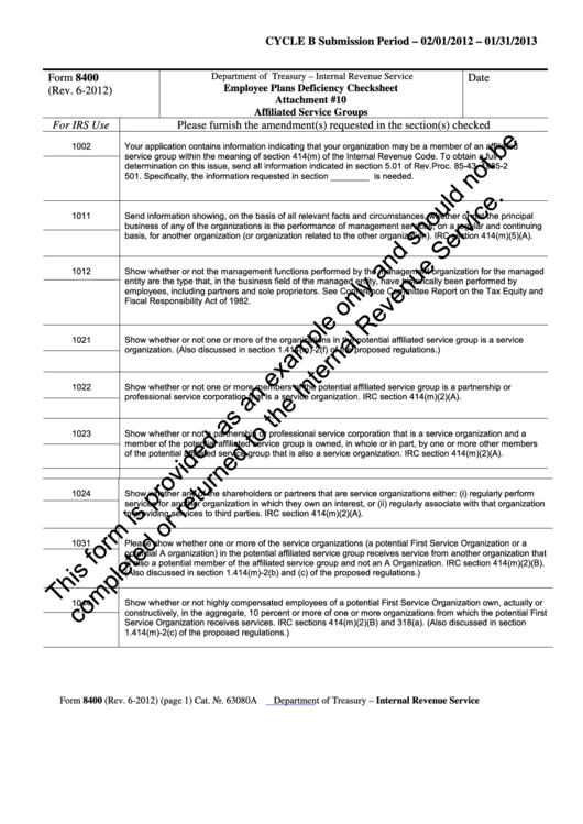 Form 8400 Example - Employee Plans Deficiency Checksheet Attachment 10 Affiliated Service Groups - Internal Revenue Service Printable pdf