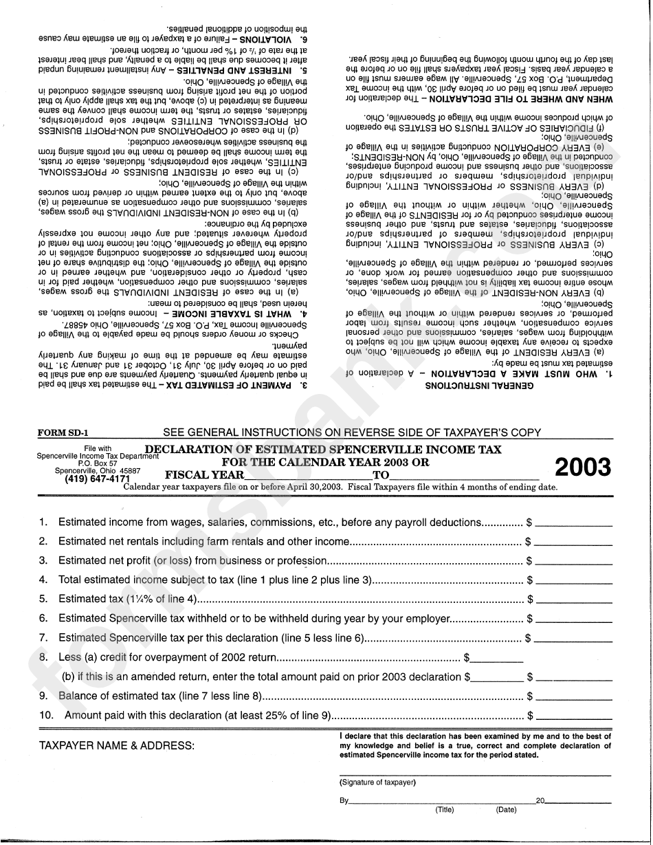 Form Sd-1 - Declaration Of Estimated Spencerville Income Tax For The Calendar Year 2003