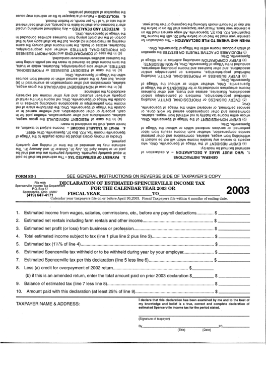 Form Sd-1 - Declaration Of Estimated Spencerville Income Tax For The Calendar Year 2003 Printable pdf