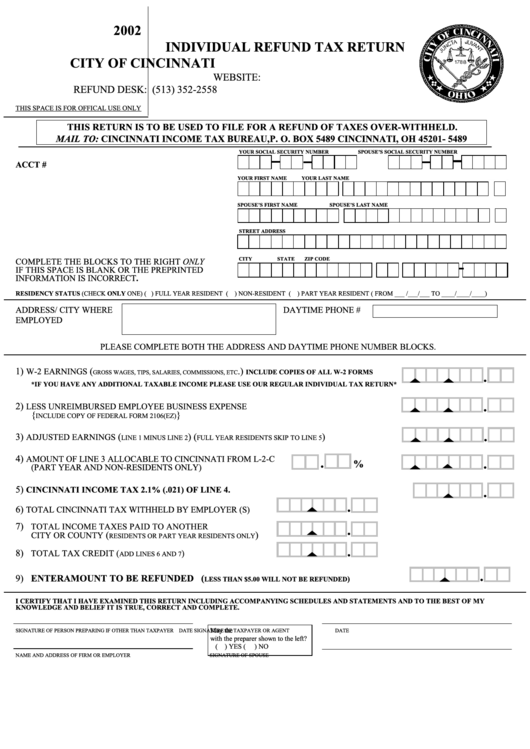 Individual Refund Tax Return - City Of Cincinnati - 2002 printable pdf ...