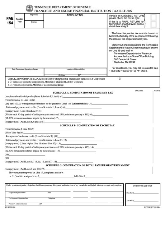 Fillable Form Fae 154 - Franchise And Excise Financial Institution Tax Return - Tennessee Department Of Revenue Printable pdf