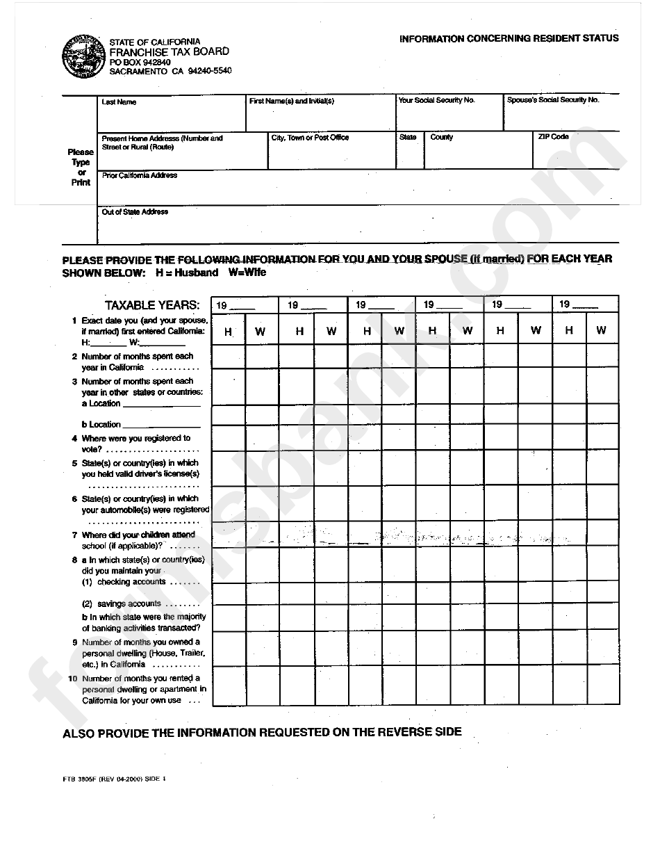 Form Ftb 3805f - Information Concerning Resident Status