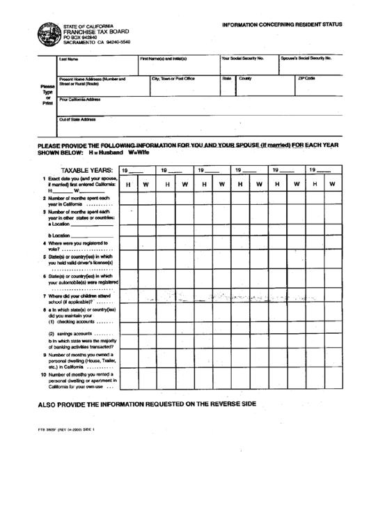 Form Ftb 3805f - Information Concerning Resident Status Printable pdf