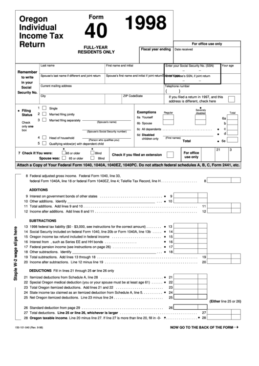 Fillable Form 40 - Oregon Individual Income Tax Return - 1998 Printable pdf
