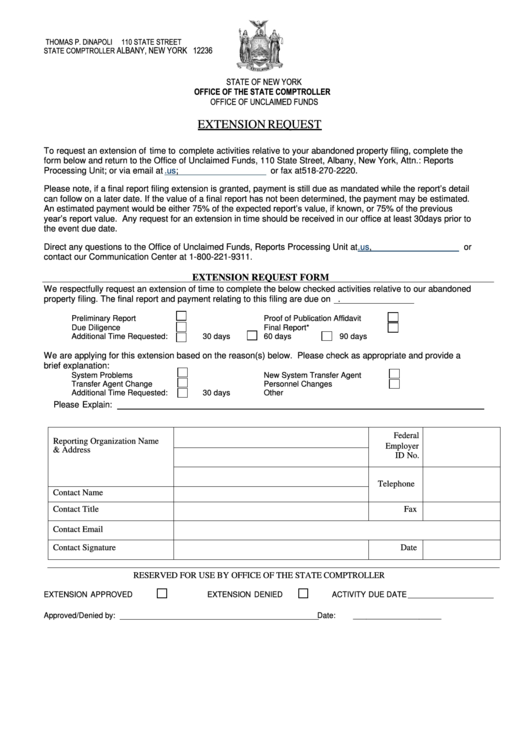 Extension Request Form - New York Office Of The State Comptroller Printable pdf