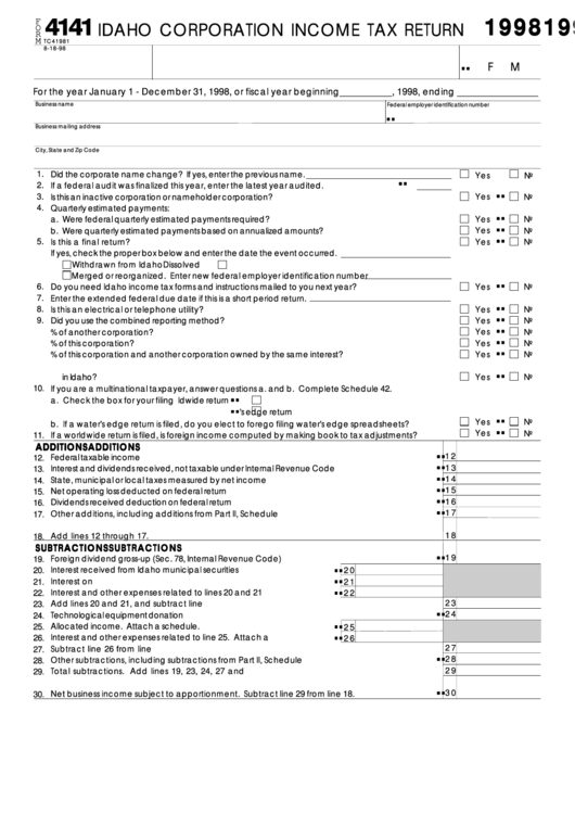 Fillable Form 41 - Idaho Corporation Income Tax Return - 1998 Printable pdf