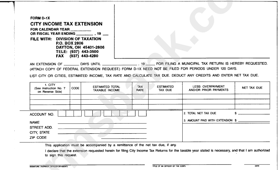 Form D1x City Tax Extension printable pdf download