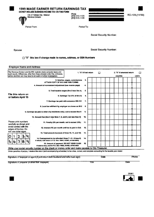 Form Rd-109 - Wage Earner Return Earnings Tax - 1999 Printable pdf