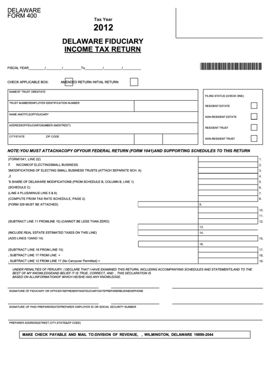 Delaware Form 400 - Fiduciary Income Tax Return - 2012 Printable pdf
