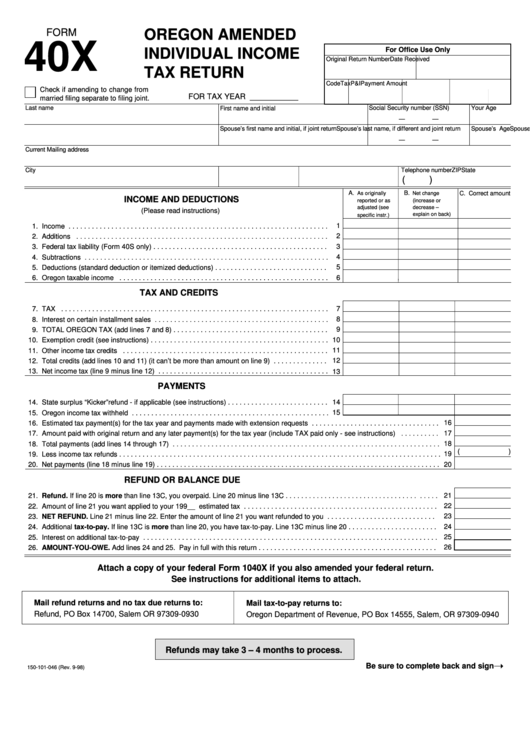 Fillable Form 40x - Oregon Amended Individual Income Tax Return Printable pdf