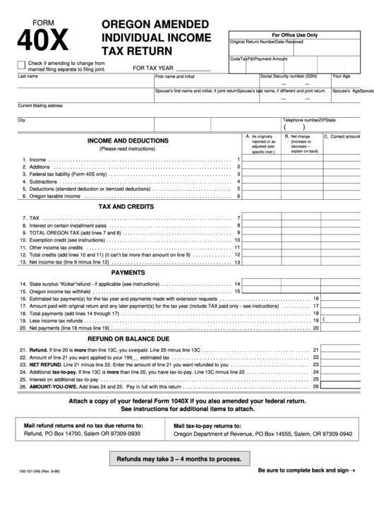 Fillable Form 40x Oregon Amended Individual Income Tax Return Printable Pdf Download