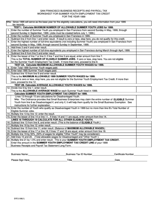 San Francisco Business Receipts And Payroll Tax Worksheet For Summer Youth Employment Tax Credit For The Year 1999 Printable pdf