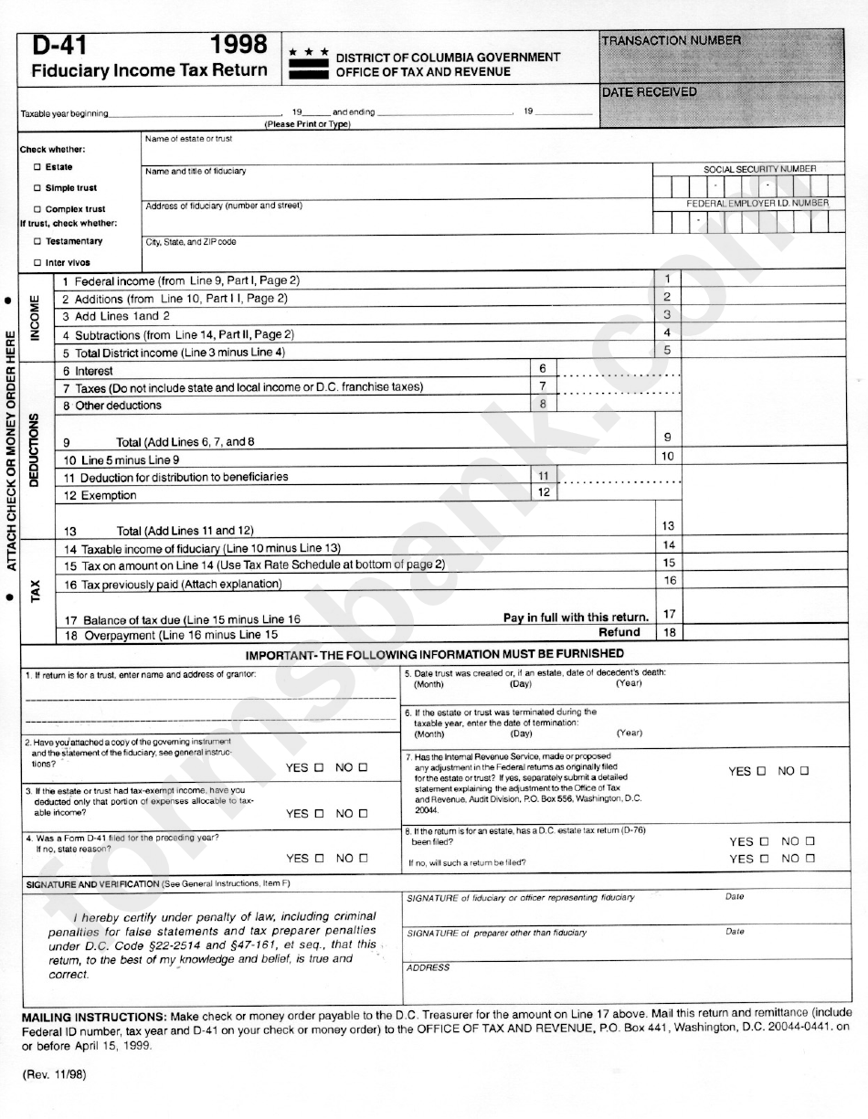 Fillable Form D41 Fiduciary Tax Return District Of Columbia