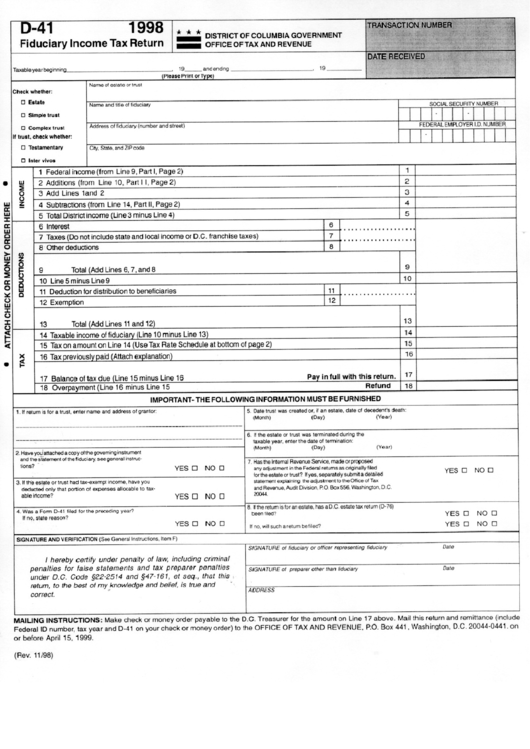 Fillable Form D-41 - Fiduciary Income Tax Return - District Of Columbia - Office Of Tax And Revenue - 1998 Printable pdf