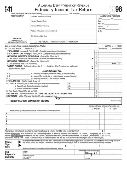 Fillable Form 41 - Fiduciary Income Tax Return - 1998 Printable pdf