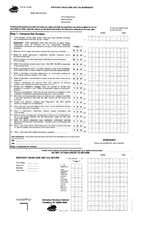 Kentucky Sales And Use Tax Worksheet Form - 1999 Printable pdf