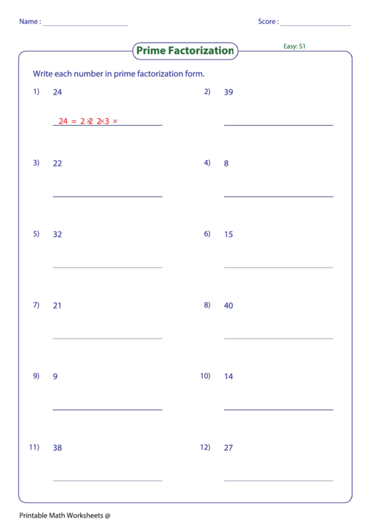 Prime Factorization Chart