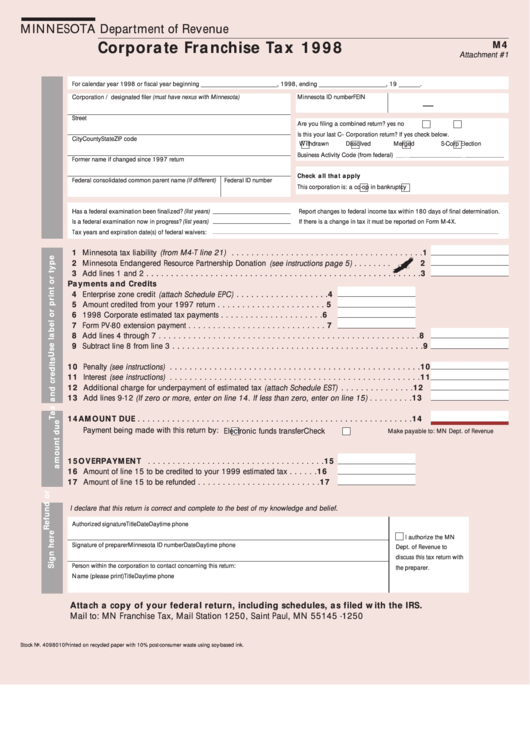 Fillable Form M4 - Corporate Franchise Tax 1998 Printable pdf