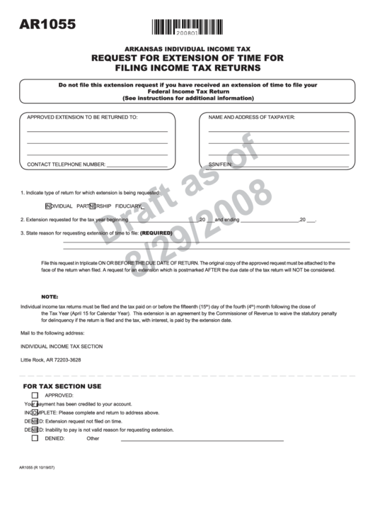 Form Ar1055 Draft - Request For Extension Of Time For Filing Income Tax Returns/form Ar1000es - Estimated Tax For Individuals (Payment With Extension) - 2008 Printable pdf