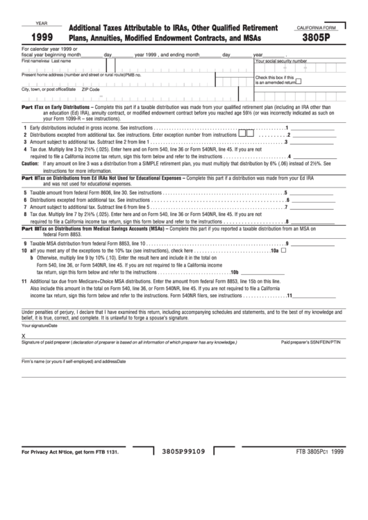 California Form 3805p - Additional Taxes Attributable To Iras, Other Qualified Retirement Plans, Annuities, Modified Endowment Contracts, And Msas - 1999 Printable pdf