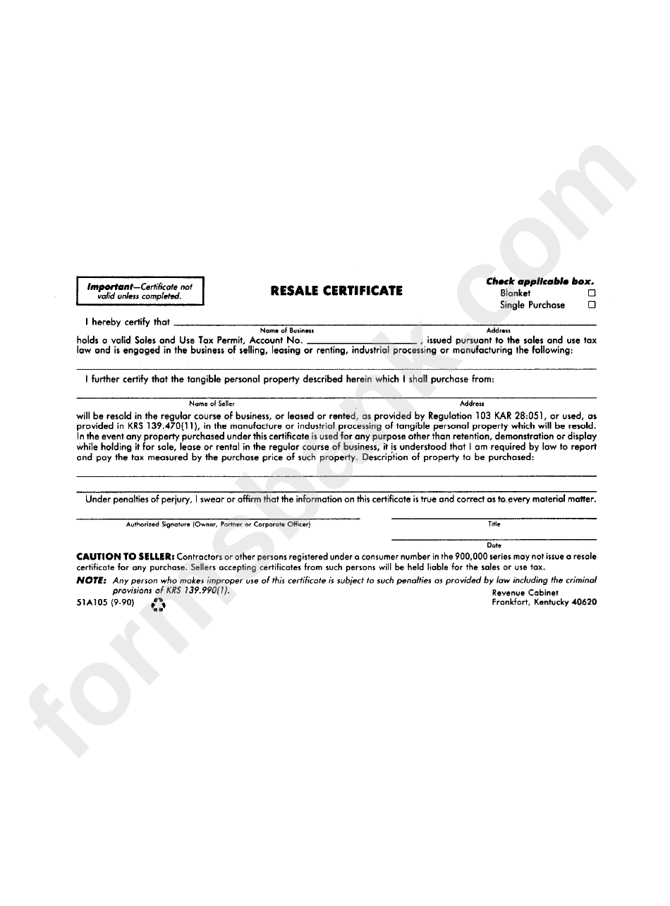 Fillable Form 51a105 Resale Certificate State Of Kentucky Printable   Page 1 Bg 