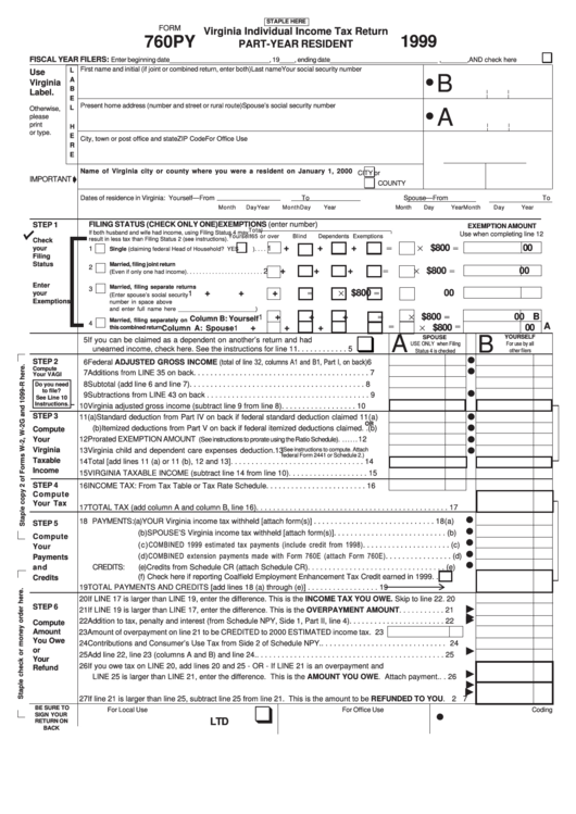 Form 760py - Virginia Individual Income Tax Return Part-Year Resident - 1999 Printable pdf