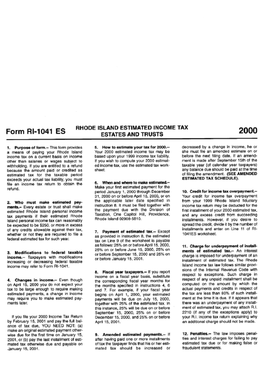 Form Ri-1041 Es - Rhode Island Estimated Income Tax Estates And Trusts - 2000 Printable pdf