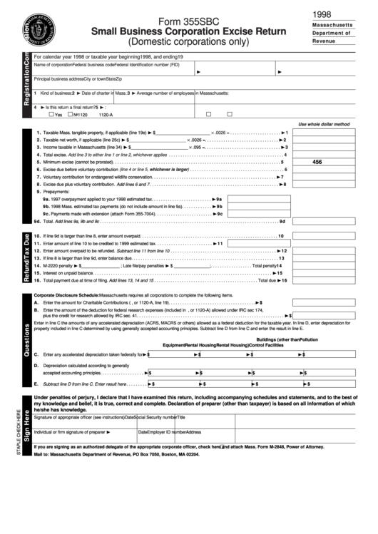 Fillable Form 355sbc - Small Business Corporation Excise Return - 1998 Printable pdf