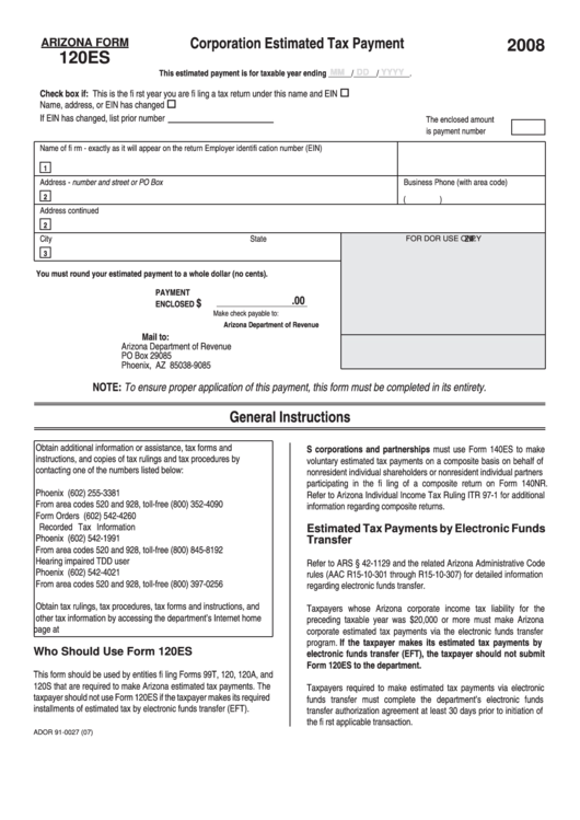 Arizona Form 120es - Corporation Estimated Tax Payment - 2008 Printable pdf