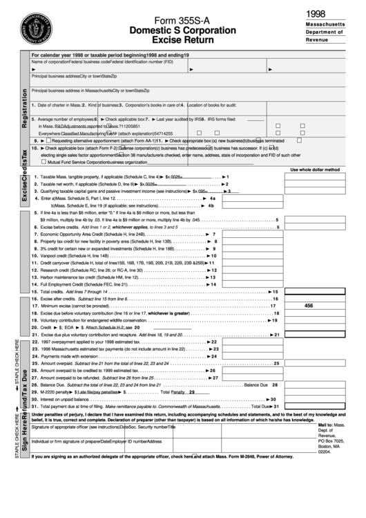 Fillable Form 355s-A - Domestic S Corporation Excise Return - 1998 Printable pdf