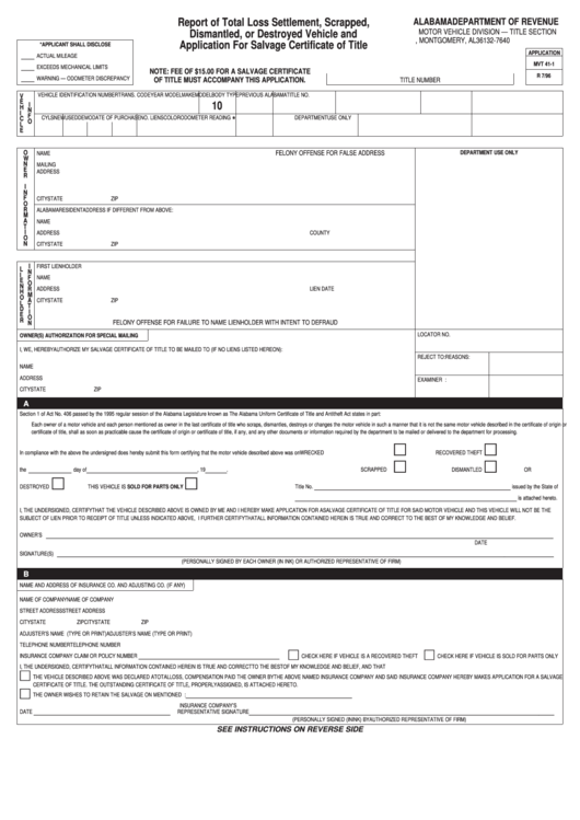 Fillable Form Mvt 41-1 - Report Of Total Loss Settlement, Scrapped, Dismantled, Or Destroyed Vehicle And Application For Salvage Certificate Of Title - Alabama Department Of Revenue Printable pdf
