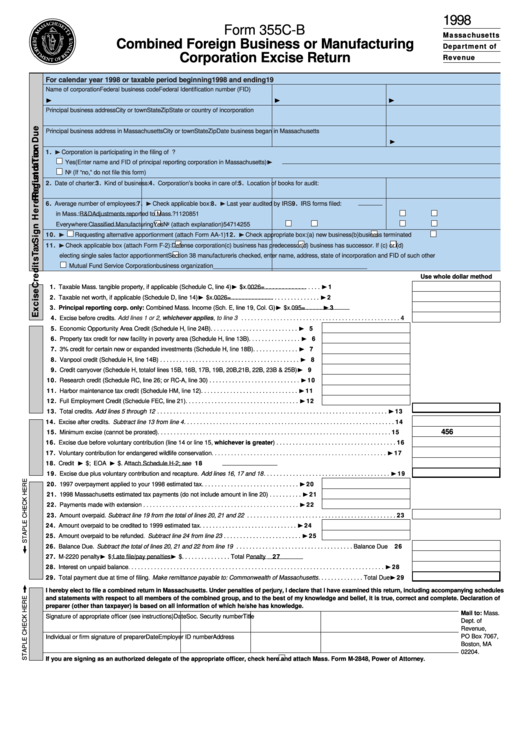 Fillable Form 355c-B - Combined Foreign Business Or Manufacturing Corporation Excise Return - 1998 Printable pdf