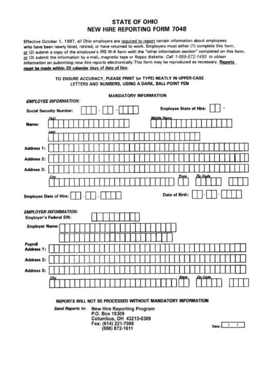 New Hire Reporting Form 7048 - Ohio Printable pdf