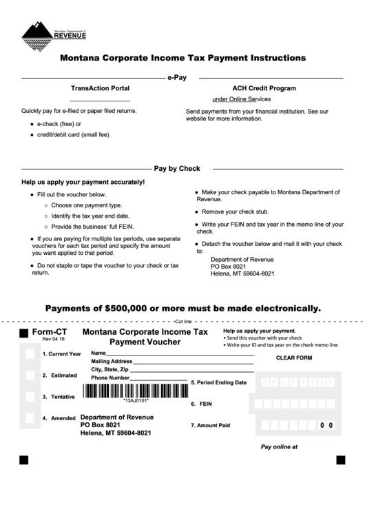 Fillable Form Ct - Montana Corporate Income Tax Payment Voucher - 2016 Printable pdf