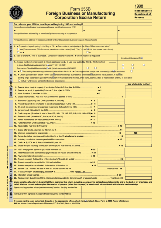 Fillable Form 355b - Foreign Business Or Manufacturing Corporation Excise Return - 1998 Printable pdf
