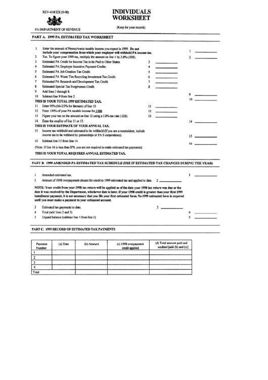 Fillable Individuals Worksheet - Pa Department Of Revenue - 1999 Printable pdf