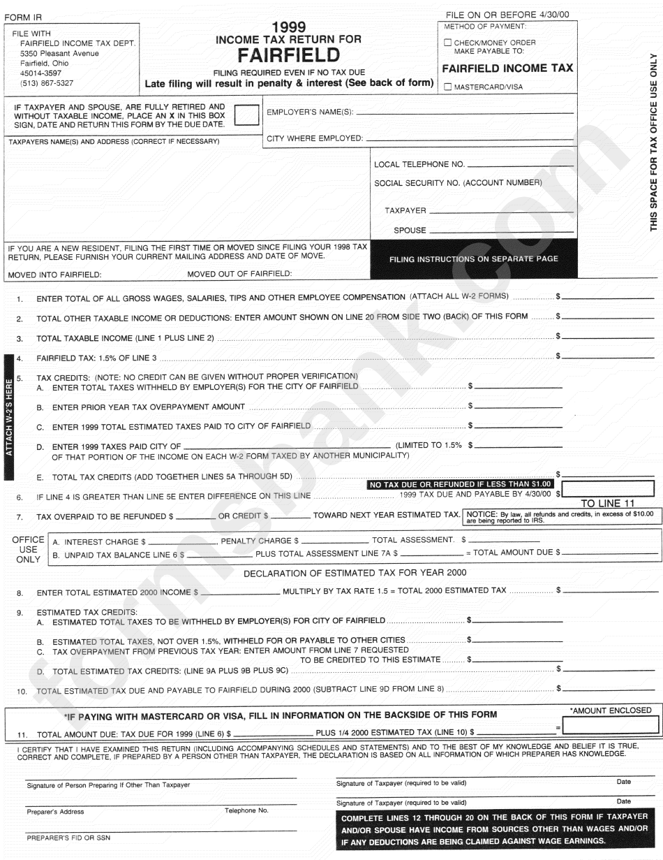 Form Ir - Income Tax Return For Fairfield - 1999