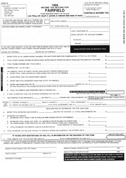 Form Ir - Income Tax Return For Fairfield - 1999 Printable pdf