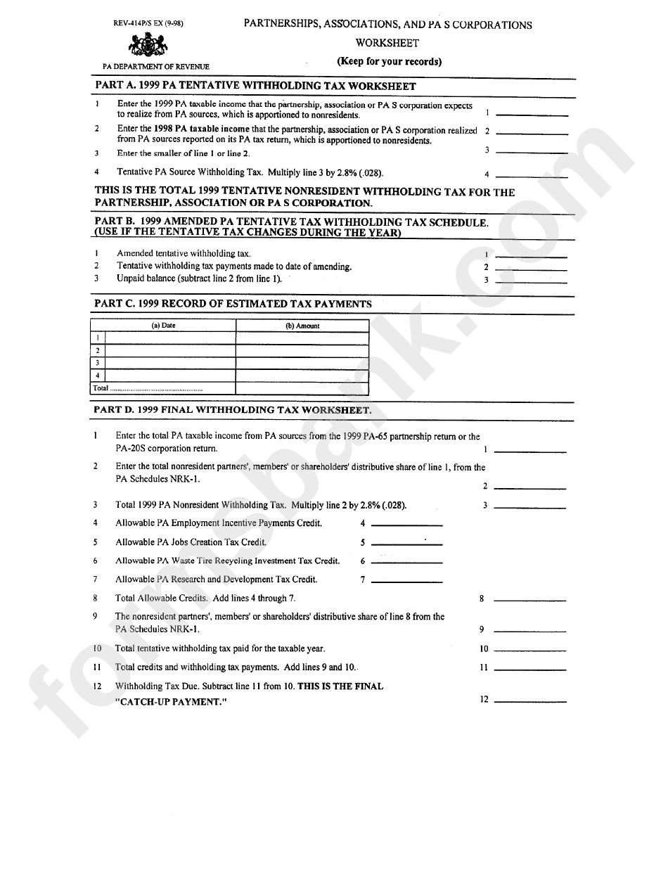 Partnership, Associations, And Pa S Corporations Worksheet - Pa Department Of Revenue - 1999