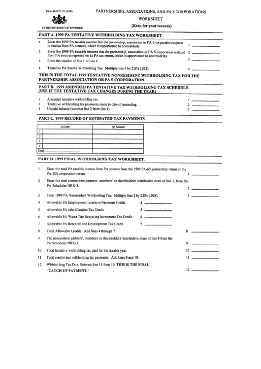 Fillable Partnership, Associations, And Pa S Corporations Worksheet - Pa Department Of Revenue - 1999 Printable pdf
