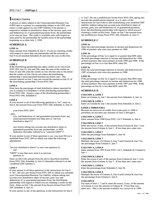 Instructions For Form Nyc-114.7 - 1998 Printable pdf