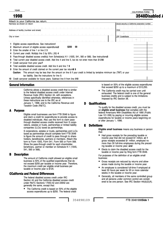 Fillable California Form 3548 - Disabled Access Credit For Eligible Small Businesses - 1998 Printable pdf