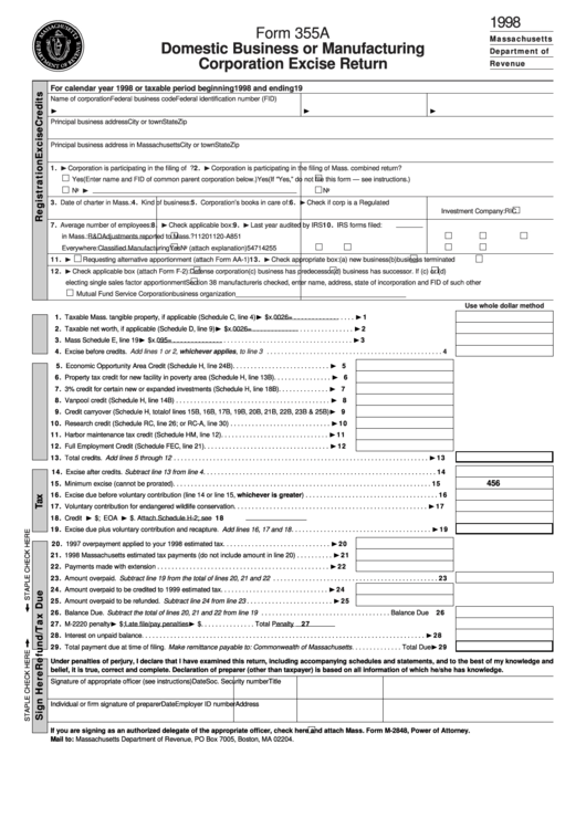 Fillable Form 355a - Domestic Business Or Manufacturing Corporation Excise Return - 1998 Printable pdf