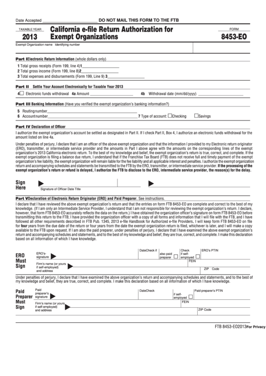 Fillable Form 8453-Eo - California E-File Return Authorization For Exempt Organizations - 2013 Printable pdf