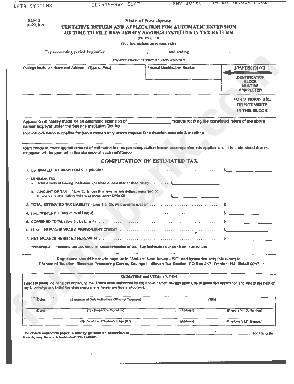 Form Sit-131 - Tentative Return And Application For Automatic Extension Of Time To File New Jersey Savings Institution Tax Return