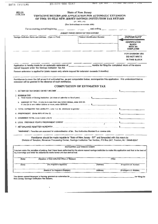 Form Sit-131 - Tentative Return And Application For Automatic Extension Of Time To File New Jersey Savings Institution Tax Return Printable pdf