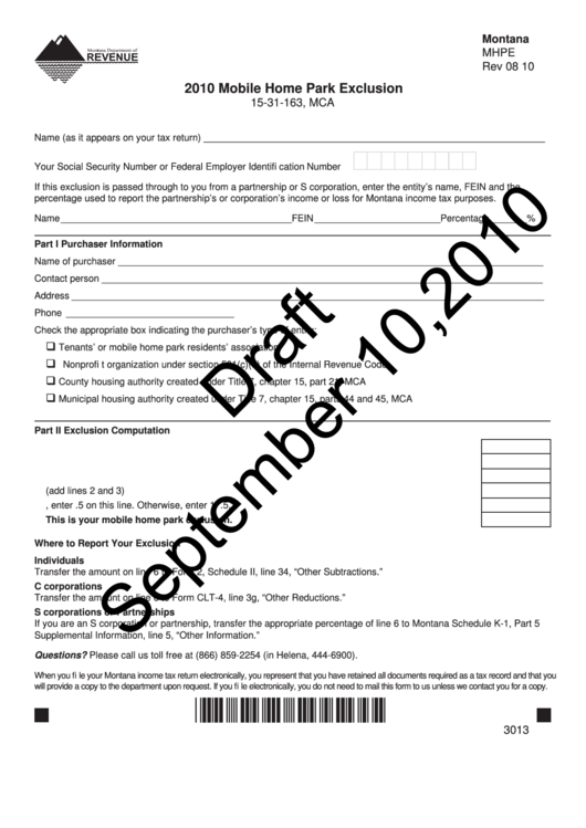 Form Mhpe Draft - Mobile Home Park Exclusion - 2010 Printable pdf