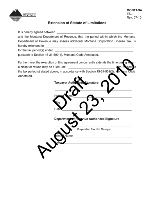 Form Esl Draft - Extension Of Statute Of Limitations - 2010 Printable pdf