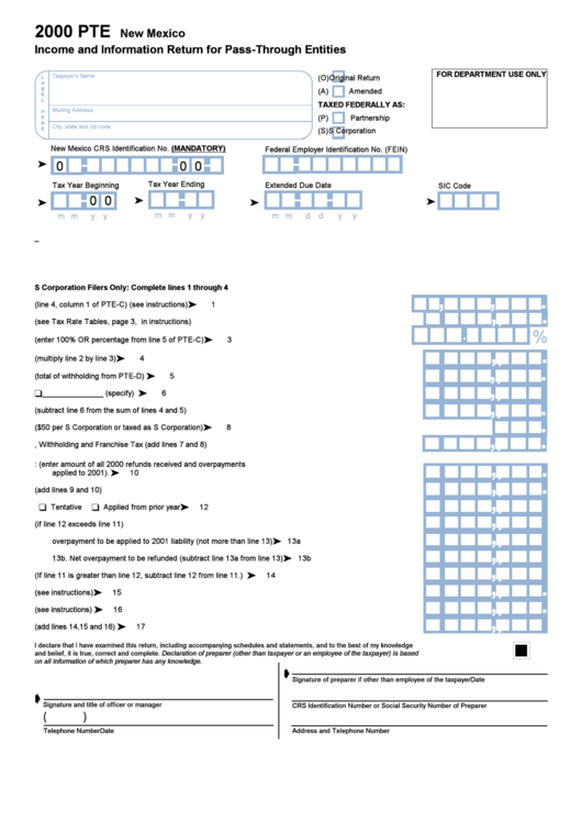 Form Pte - Income And Information Return For Pass-Through Entities 2000 Printable pdf