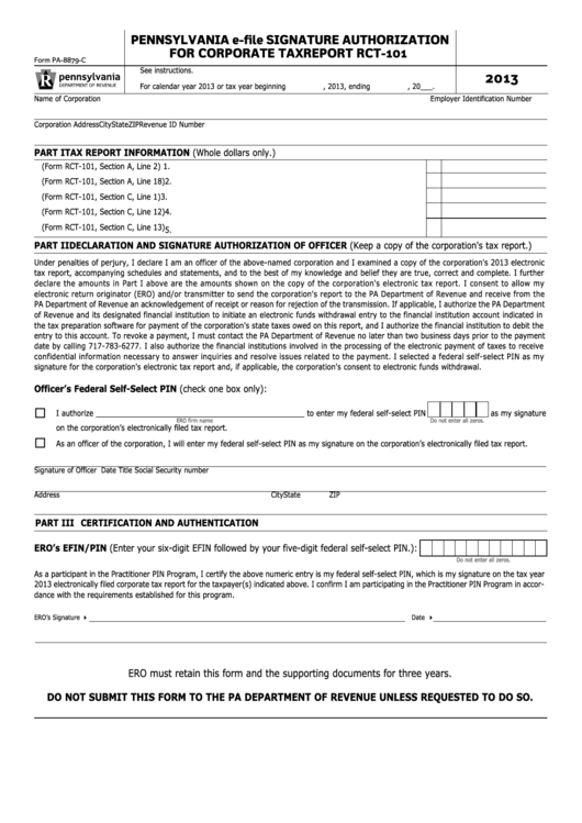Form Pa-8879-C - Pennsylvania E-File Signature Authorization For Corporate Tax Report Rct-101 - 2013 Printable pdf